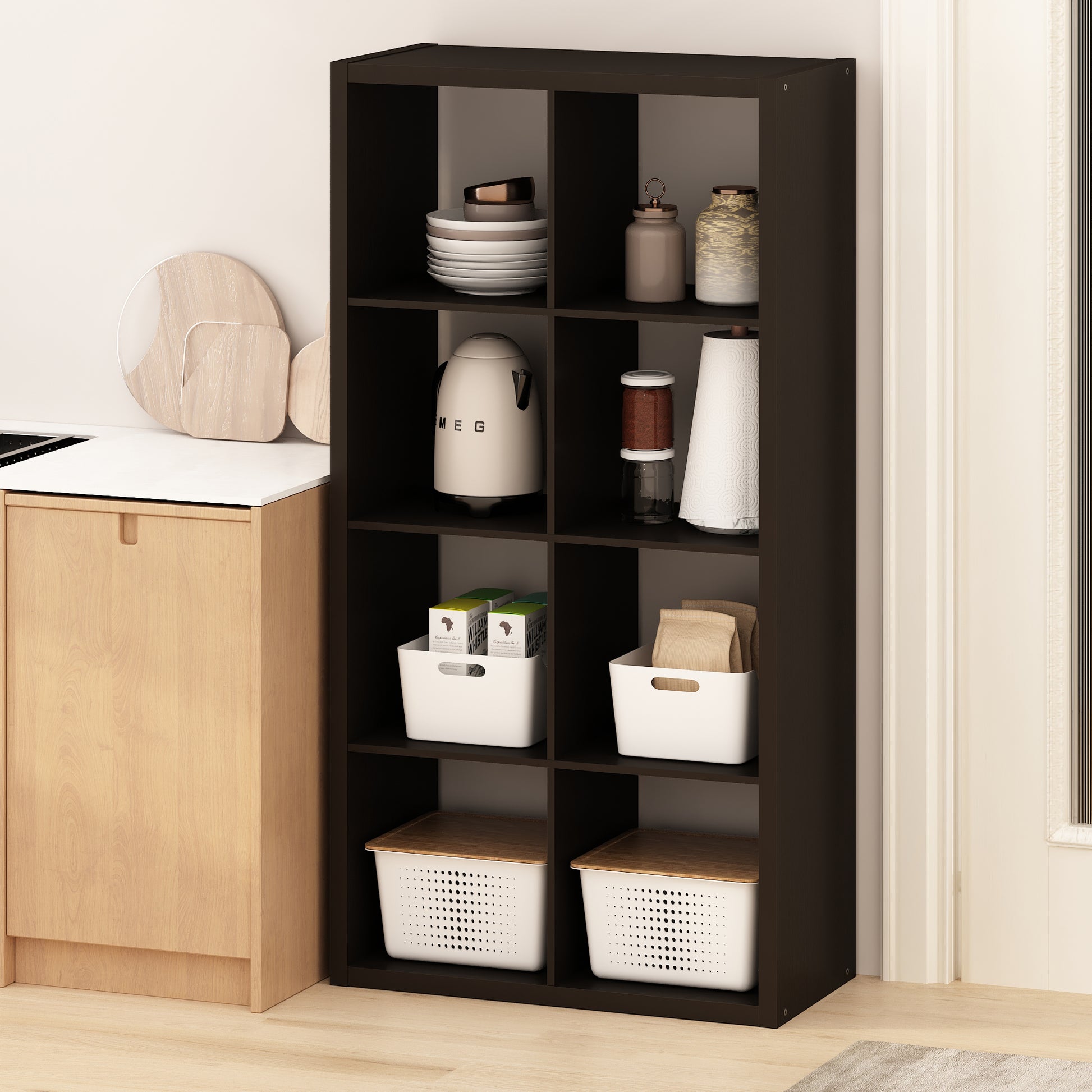 Furinno Hermite 8-Cube Open Shelves Kitchen Storage, Kitchen Island, Bakers Rack, Buffet Sideboard, Dark Oak