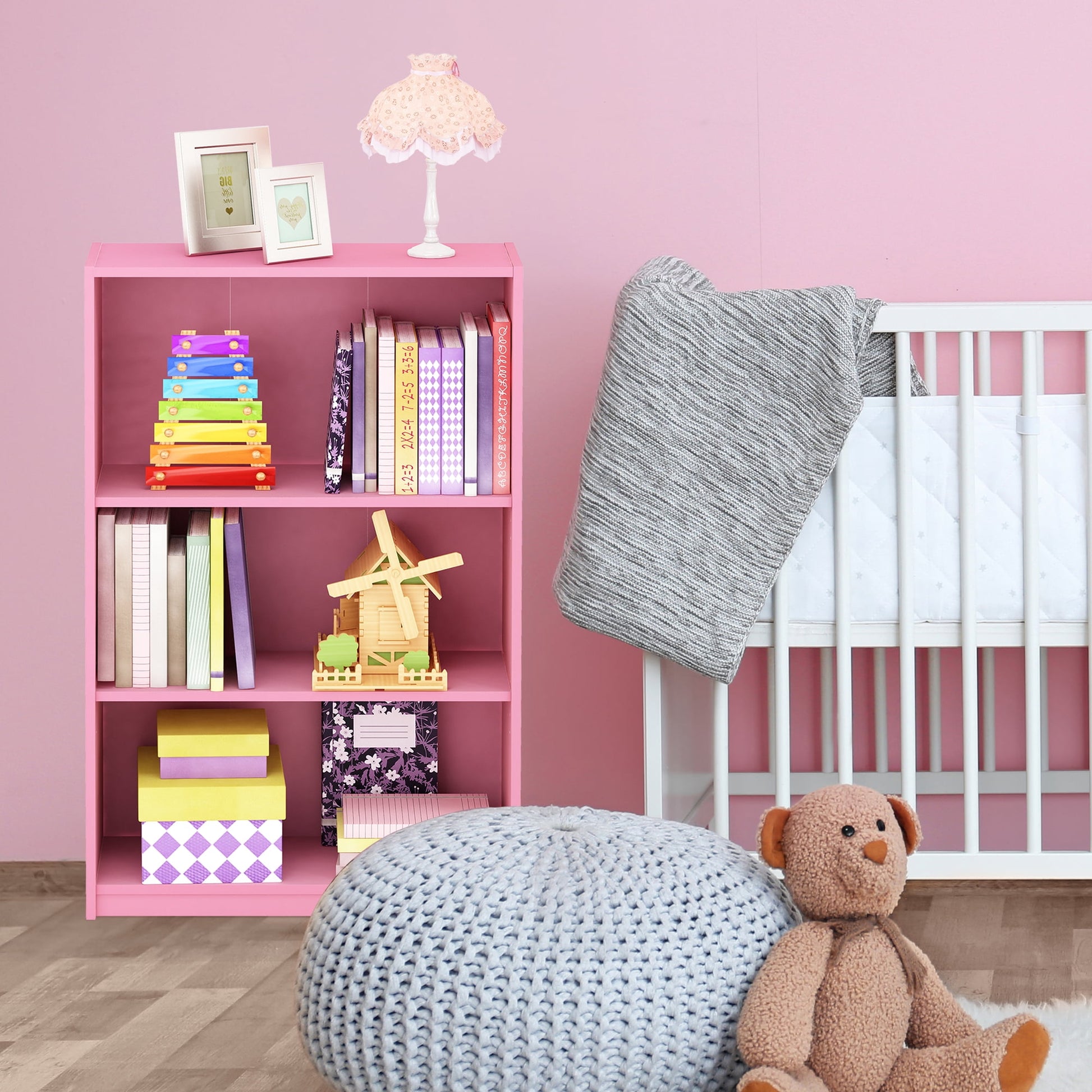 Furinno JAYA Simple Home 3-Tier Adjustable Shelf Bookcase, Pink