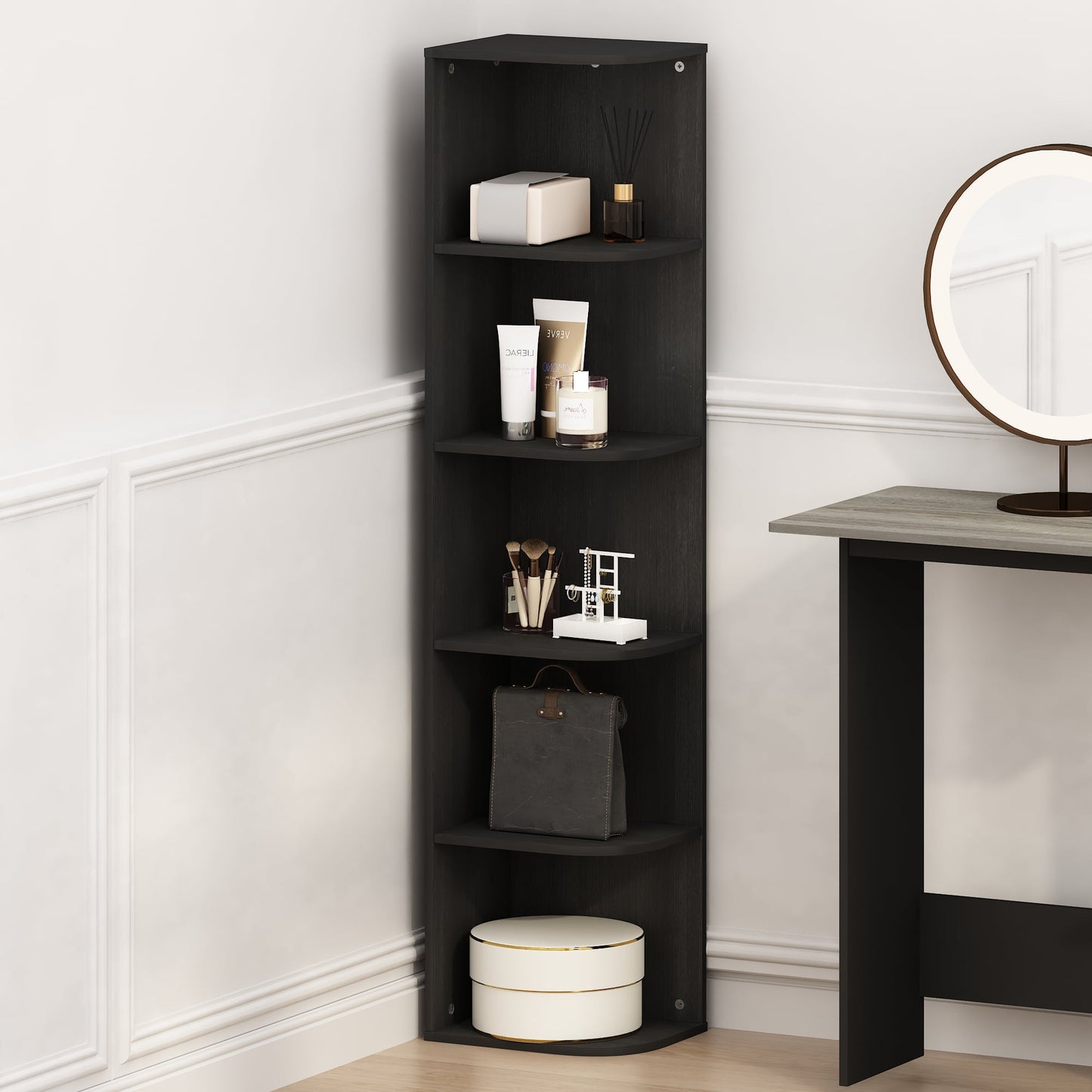 Furinno Reed 5-Tier Space Saving Corner Storage Display Shelf, Bookshelf, Blackwood