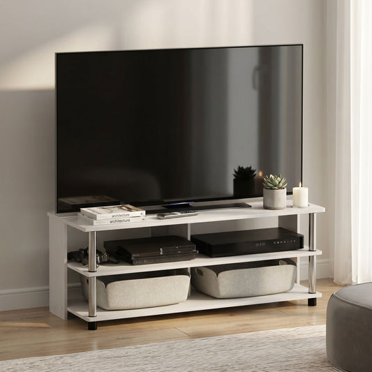 Furinno SULLY TV Stand, 3-Tier Rectangular Entertainment Center with Open Shelf, TV Console for TV up to 48 Inch, Open Frame for Cable Management, for Living Room, Bedroom, White Wood