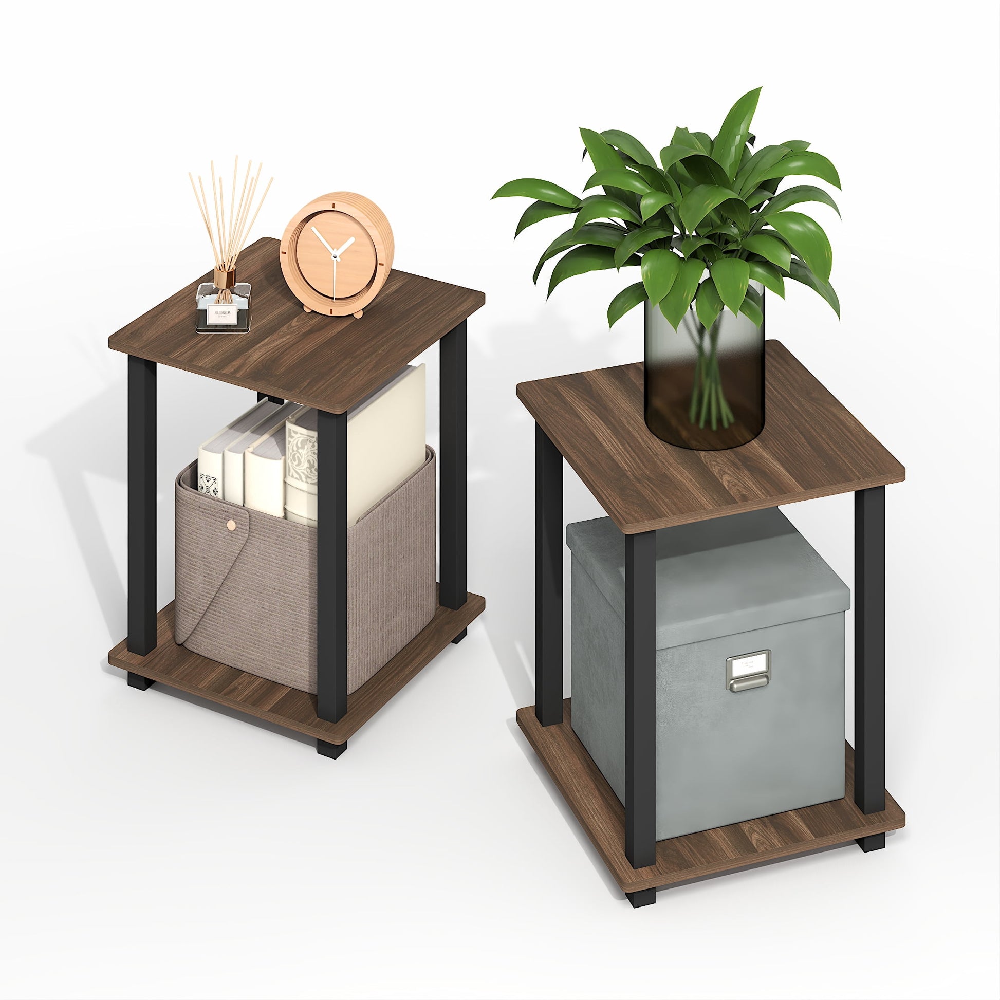 Furinno Simplistic End Table, Set of Two, Brown Walnut/Black