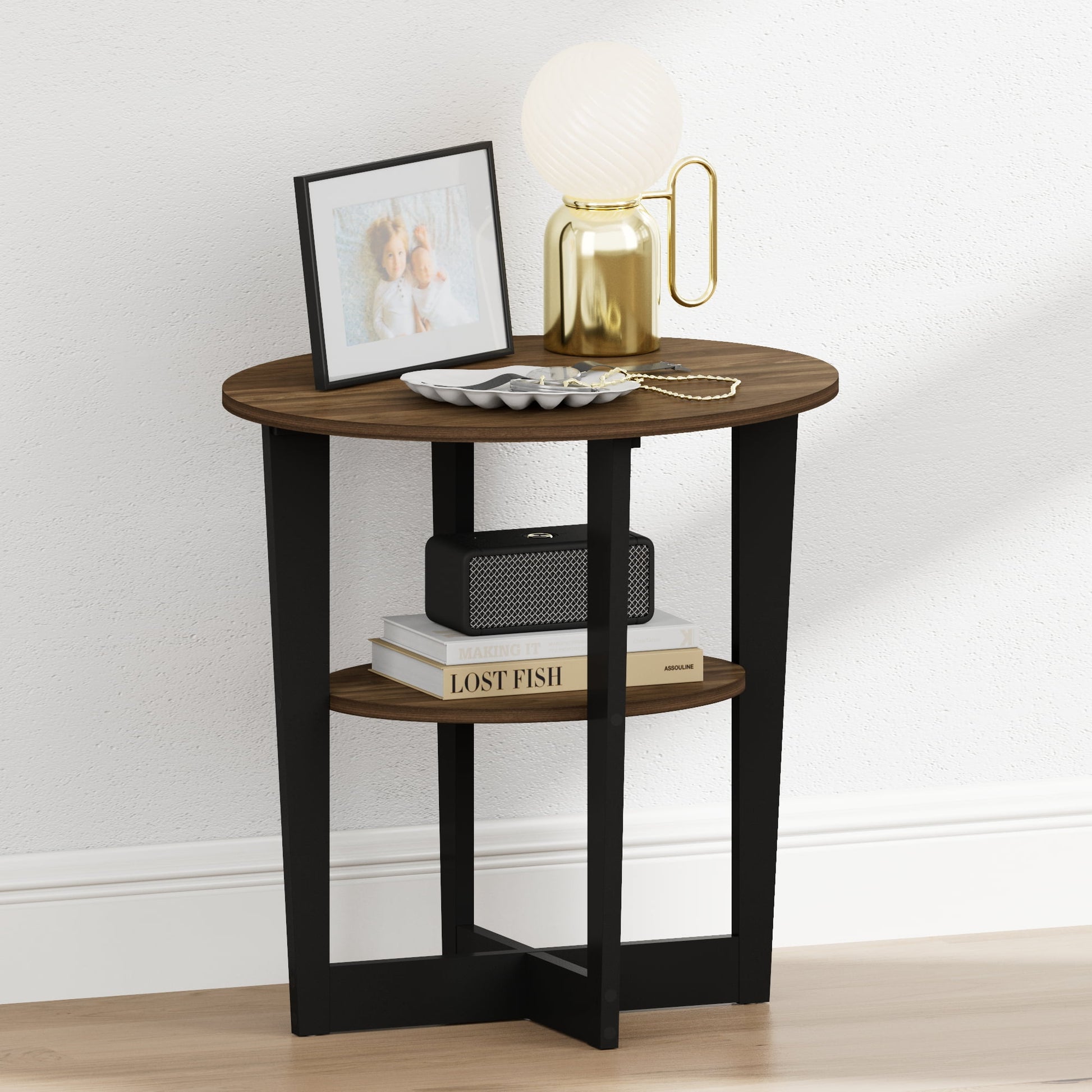 Furinno TIDUR 2-Tier Oval Round Edge Nightstand Columbia Walnut