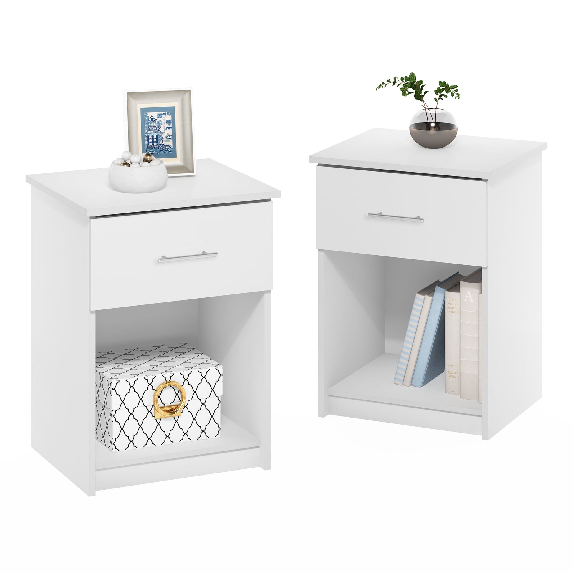 Furinno TIDUR Night Stand Set of 2, Modern Nightstand with Drawer, Bedside Table with Storage Shelf, End Table, Side Table, Bar Handle Drawer, for Bedroom, Living Room, White