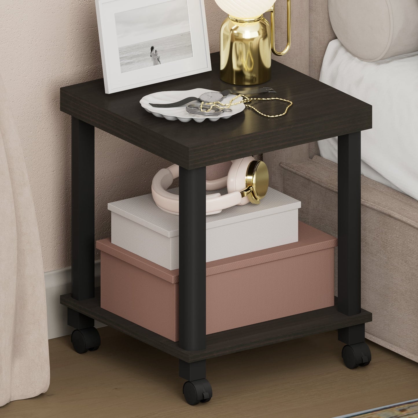 Furinno TURN-N-TUBE 2-Tier Thick Tabletop Nightstand/Wheels Toolless Espresso