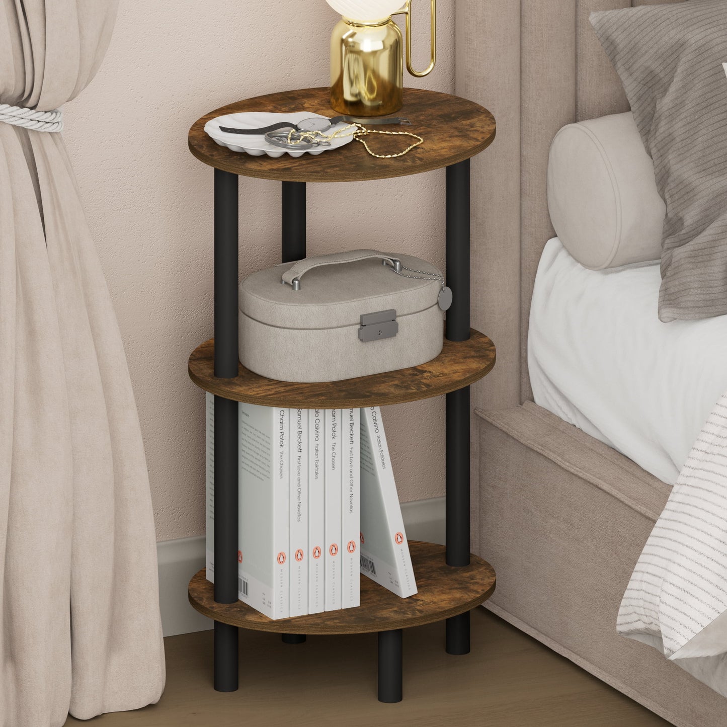 Furinno TURN-N-TUBE 3-Tier Toolless Oval Nightstand Side/End Table Amber Pine