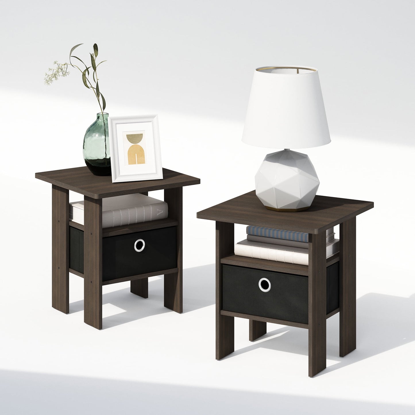 Furinno Tidur Bedside Table Nightstand with Bin Drawer, Dark Brown/Black, Set of 2
