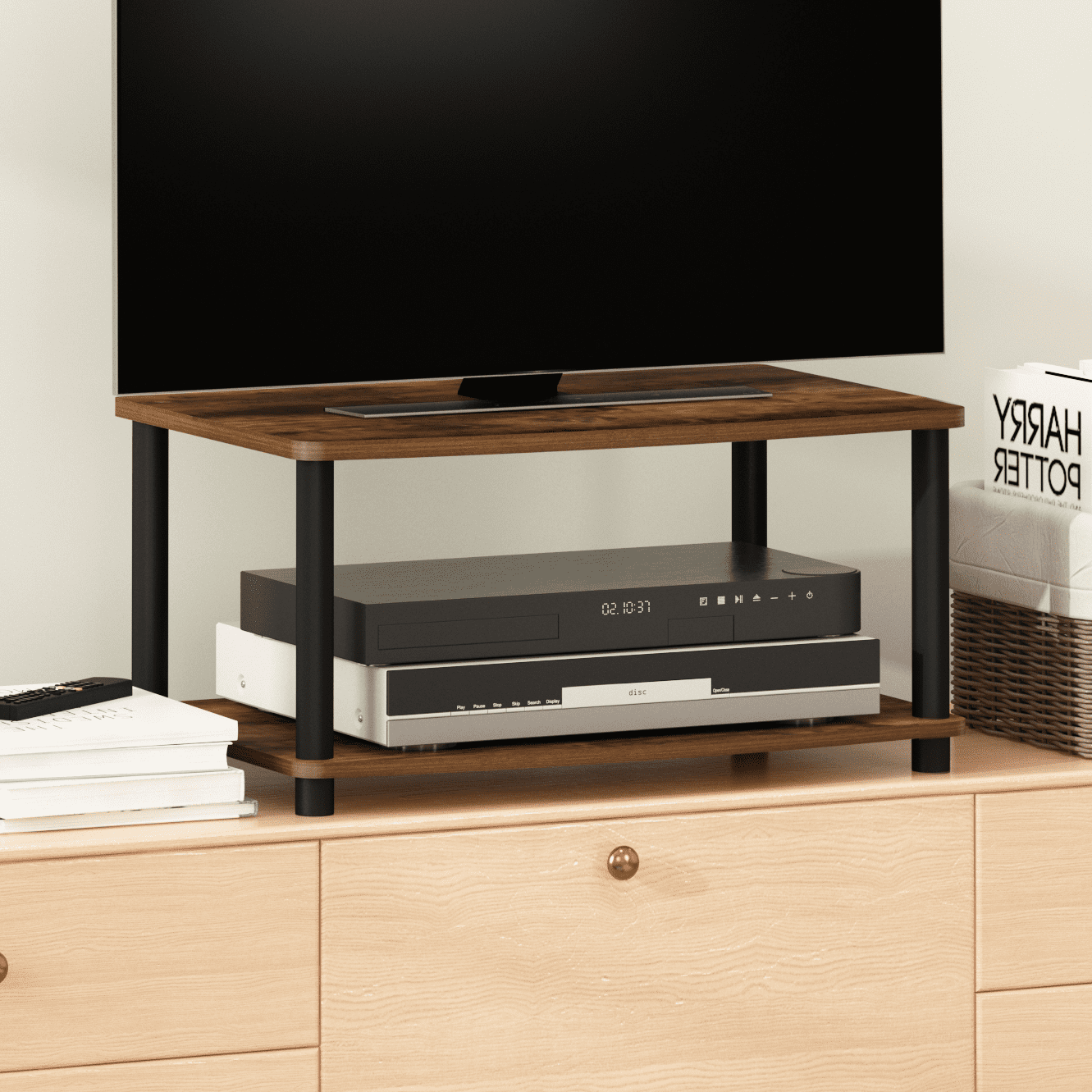 Furinno Turn-N-Tube sin Herramientas Mueble para TV Elevado de 2 Niveles, Pino Ãmbar/negro