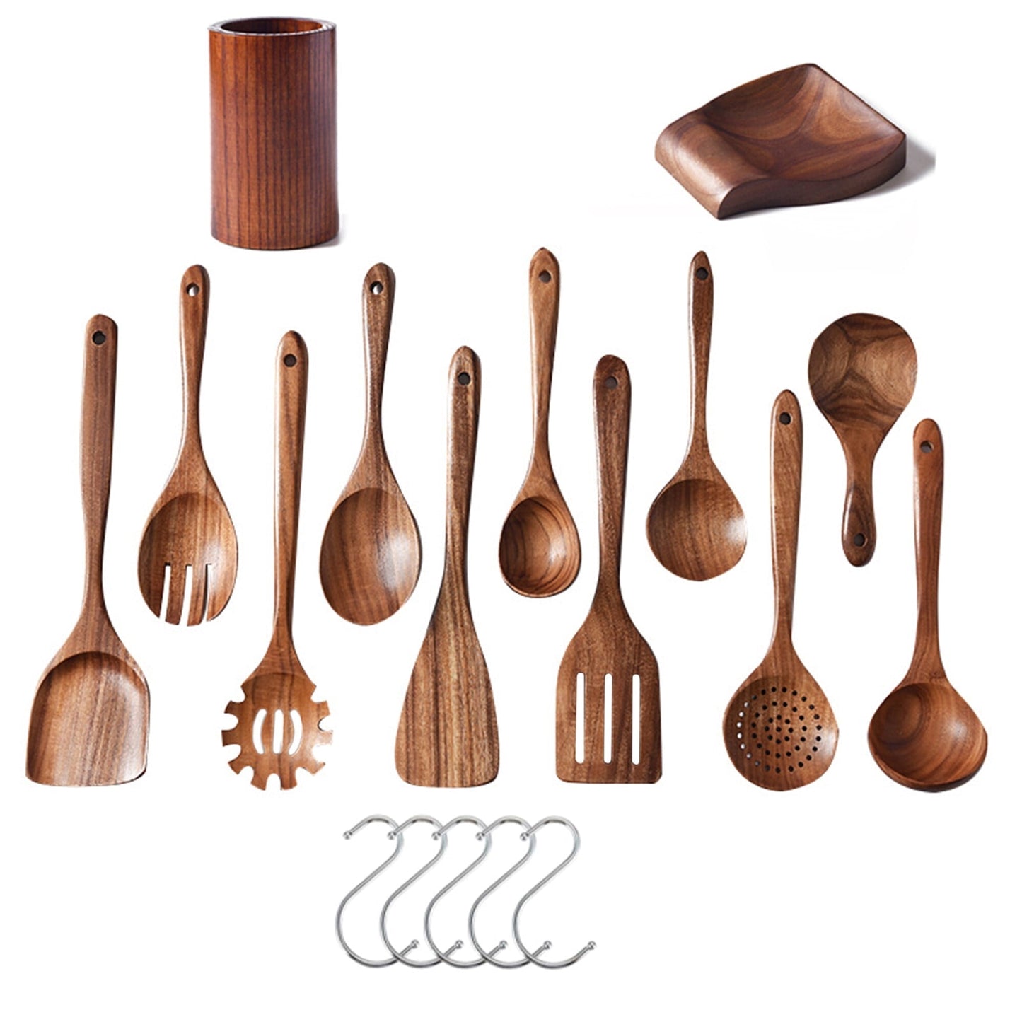 Fenbeli 13 Pcs Wooden Spoons for Cooking, Wooden Kitchen Utensil Set made of Natural Solid Wood Material with Holder, Spoon Rest & 5 Hooks