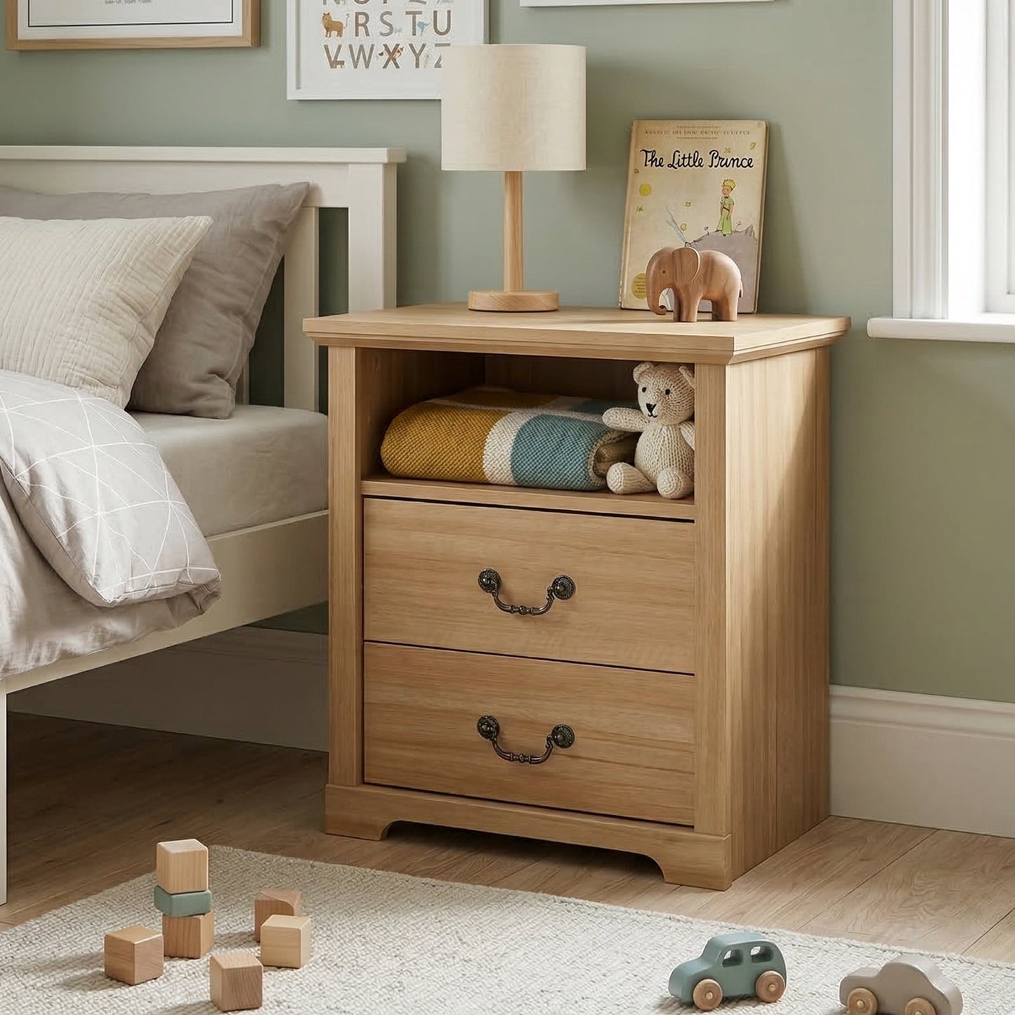 Furniture of America Chara Modern Wood 2-Drawer Nightstand with Open Top Shelf, Natural