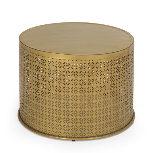 GDF Studio Arrastra Boho Lace Cut Iron Coffee Table, Gold Brushed Brown