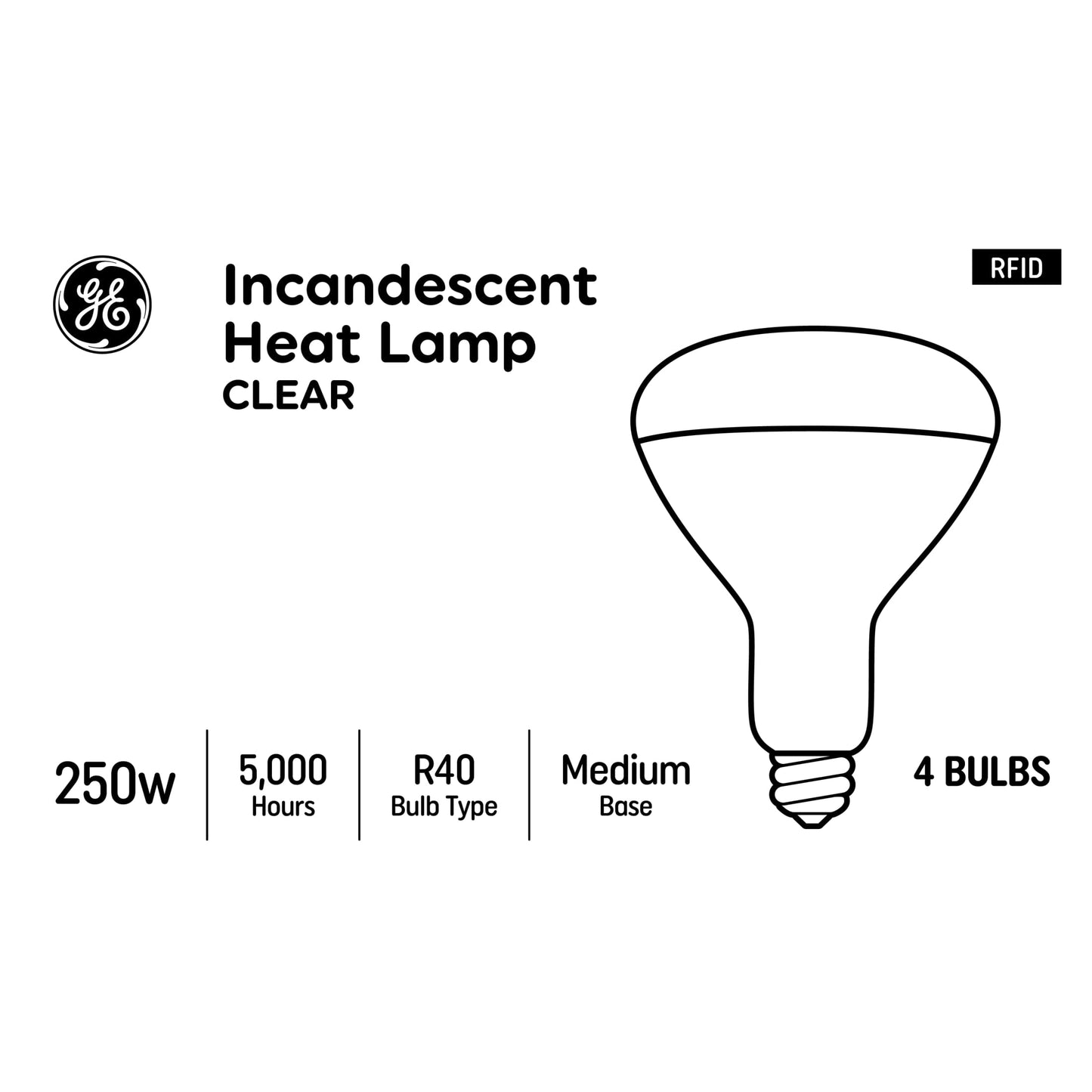 GE Incandescent Heat Lamp, 250 Watt Replacement, Soft White, BR40 Clear Floodlight Bulb (4 Pack)