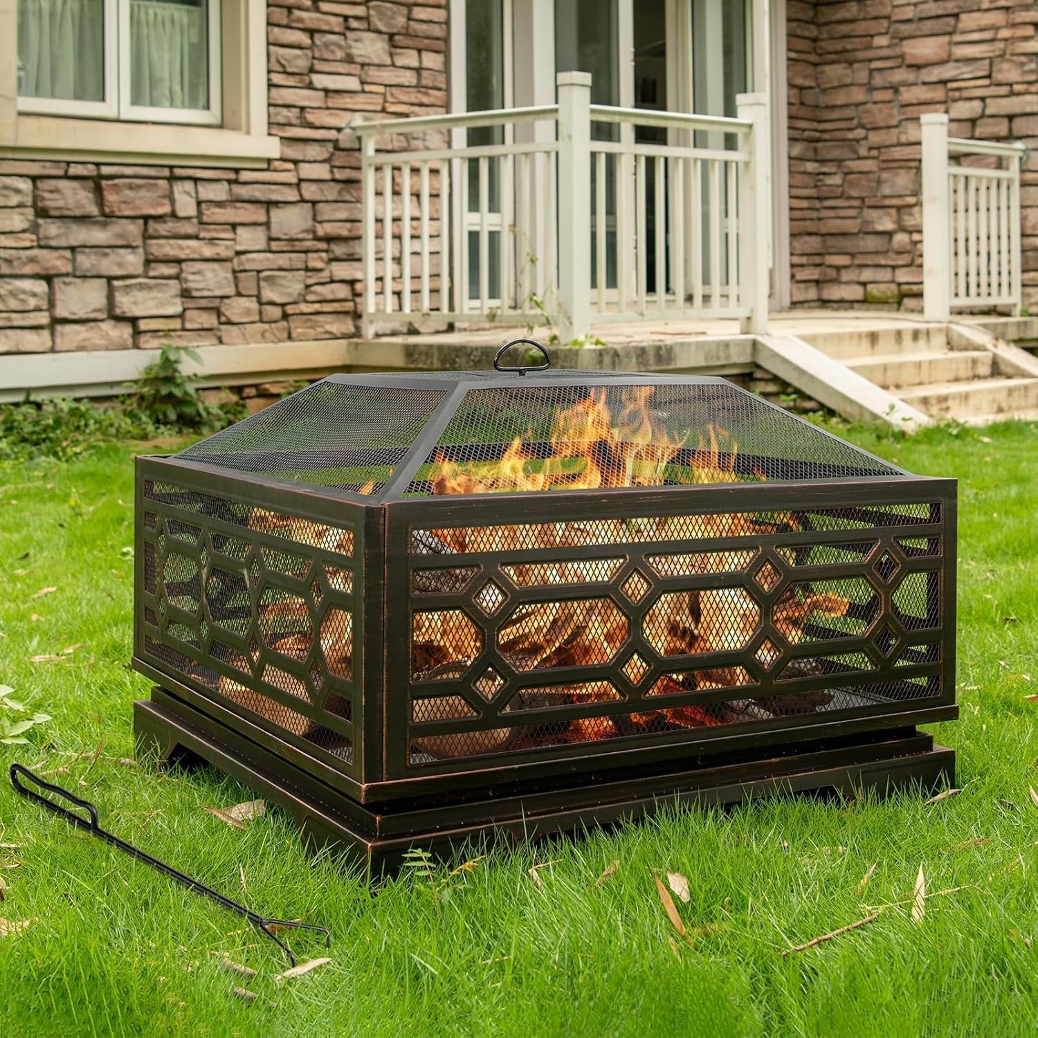 GFNXYI Outdoor Fire Pit, 32 Inch Wood Burning Firepit for Outside with Mesh Cover and Fire Poker, Large Extra Deep Square Metal Fireplace for Patio, Backyard, Camping, Bonfire Party