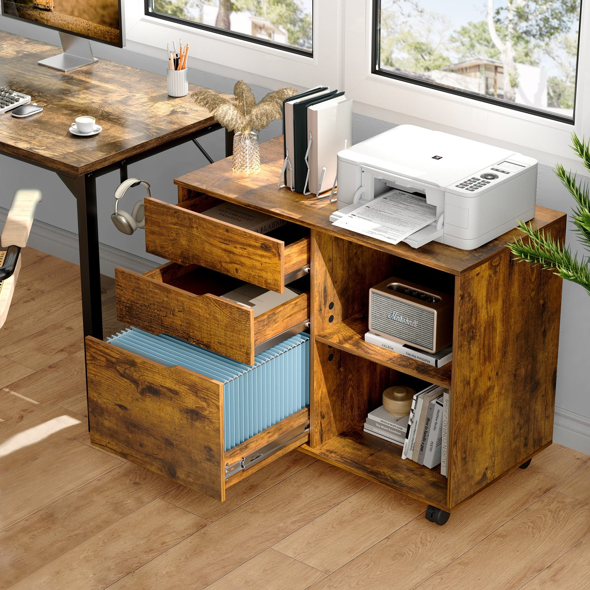 GIANNA 3 Drawer File Cabinet with Wheels, Rolling Wood Printer Stand and Open Storage Shelves for Home Office, Rustic Brown