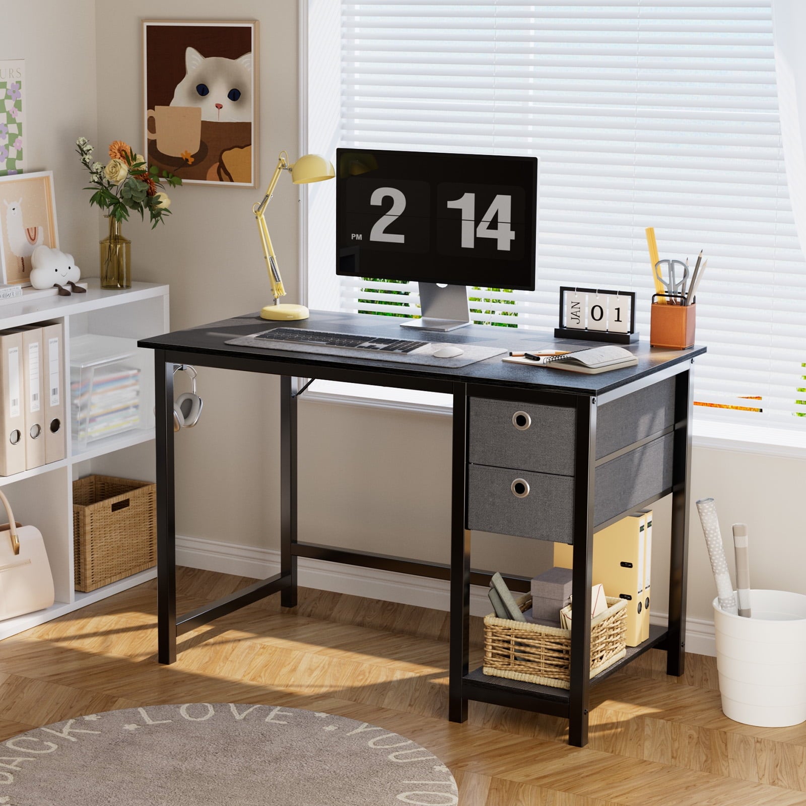 GIANNA 40 Inch Compact Computer Desk with Drawers, Space-Saving Wooden Study Table for Small Spaces, 2-Tier Storage Shelf for Home Office, Kids Room, or Bedroom, Black