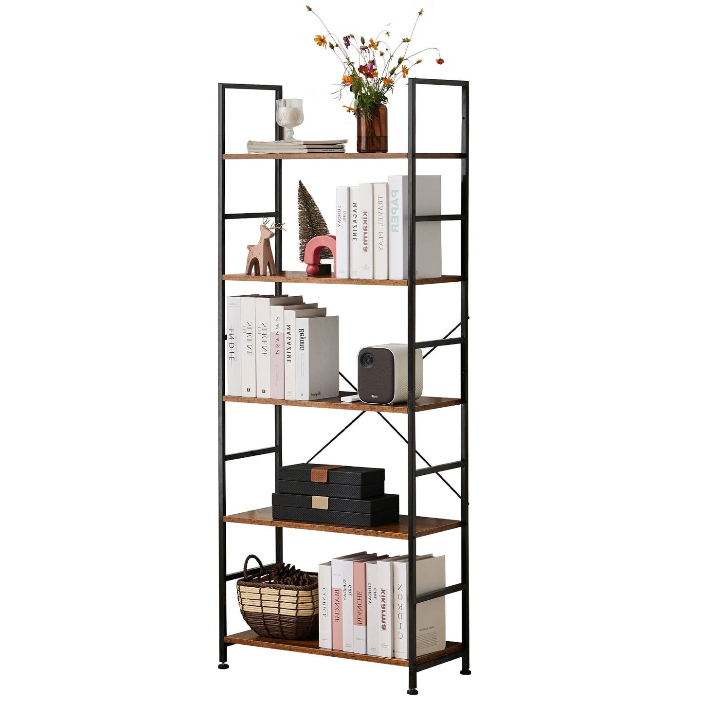GIANNA 5 Tier Bookshelf, Tall Bookcase Shelf Storage Organizer, Modern Book Shelf for Bedroom, Living Room and Home Office, Rustic Brown