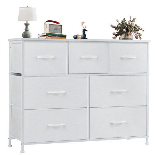 CONCETTA 7 Drawer Dresser for Bedroom, Tall Chest Organizer with Fabric Bins, Steel Frame, White