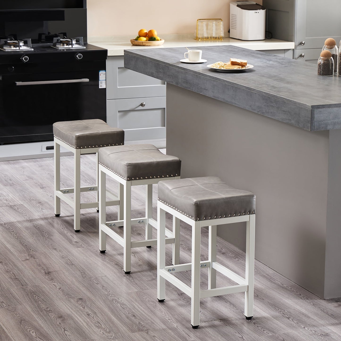 GIANNA Bar Stools Set of 4, Modern Counter Height 24 Inch Bar Stools, Metal Base, PU Leather, For Kitchen, Living Room, Gray