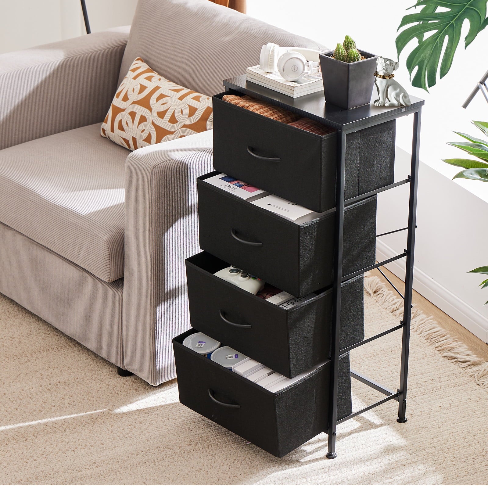 GIANNA Chest of Drawers with 4 Drawers, Fabric Drawer Cabinet, Industrial Style for Living Room, Bedroom,Black