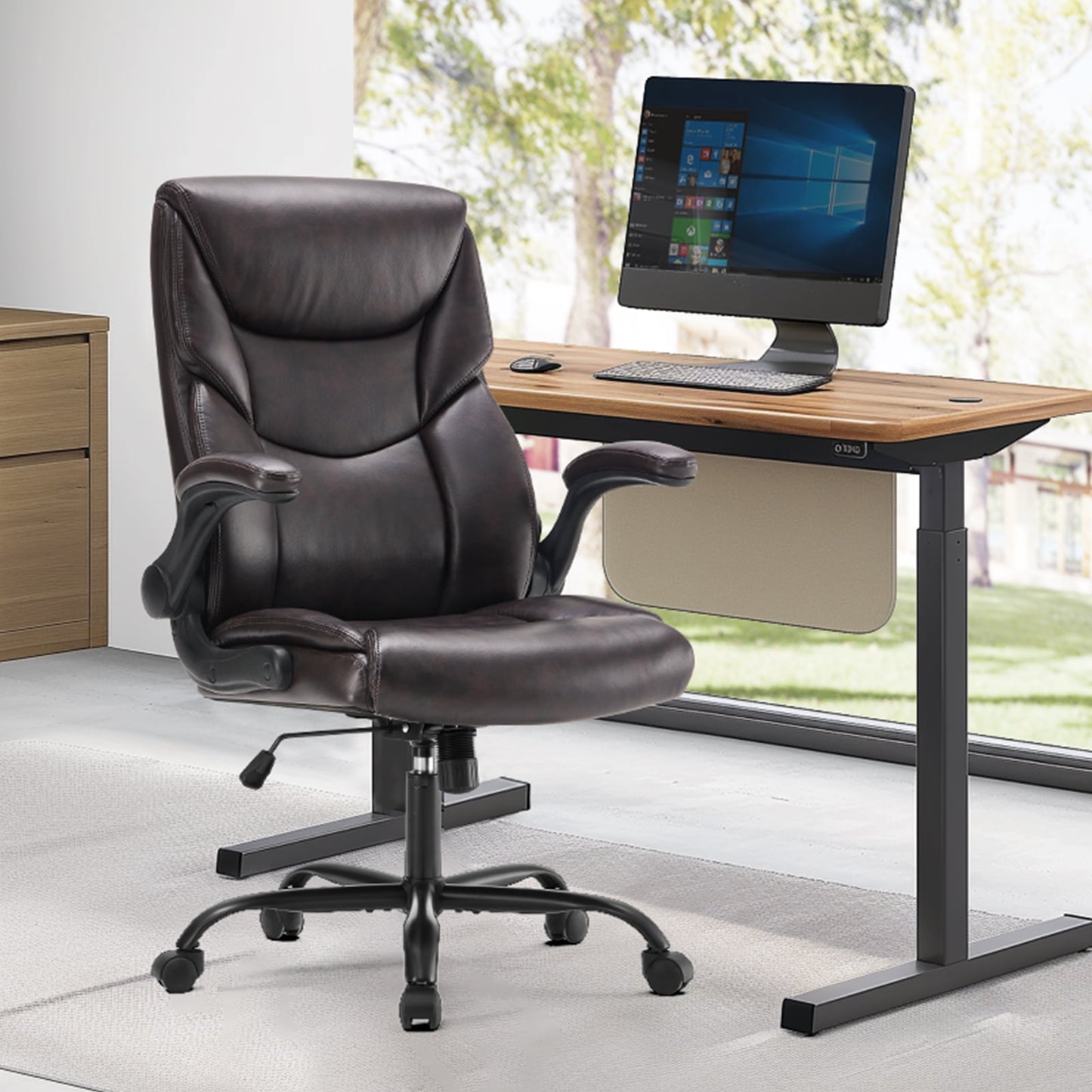 GIANNA Executive Office Chair with Flip-up Arms, High Back, PU Leather 300lbs, Black