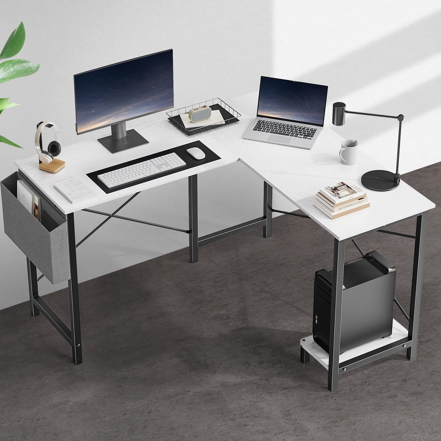 GIANNA L Shaped Computer Desk with Wooden Desktop CPU Stand Side Bag Reversible, White