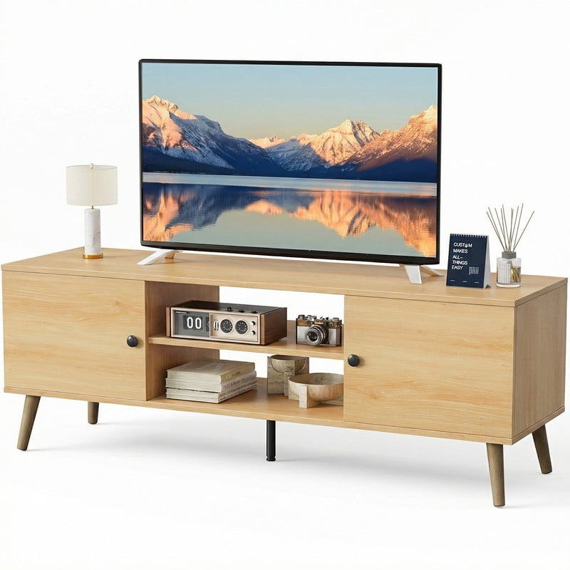GIANNA Mid-Century Modern Wooden TV Stand for 55-60â€ TVs, 2 Storage Cabinets, Adjustable Shelf, Cable Management, Sturdy Legs, Easy Assembly, Wood