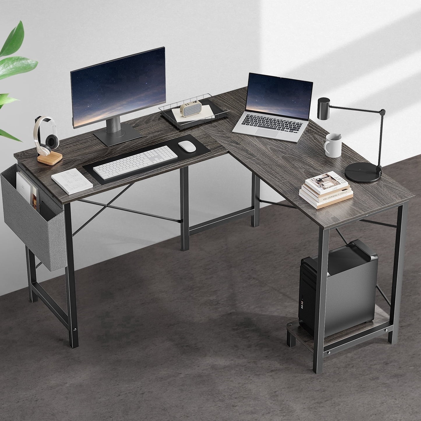 edx Modern L Shaped Office Desk with Wood Surface, Storage Bag and CPU Holder, White