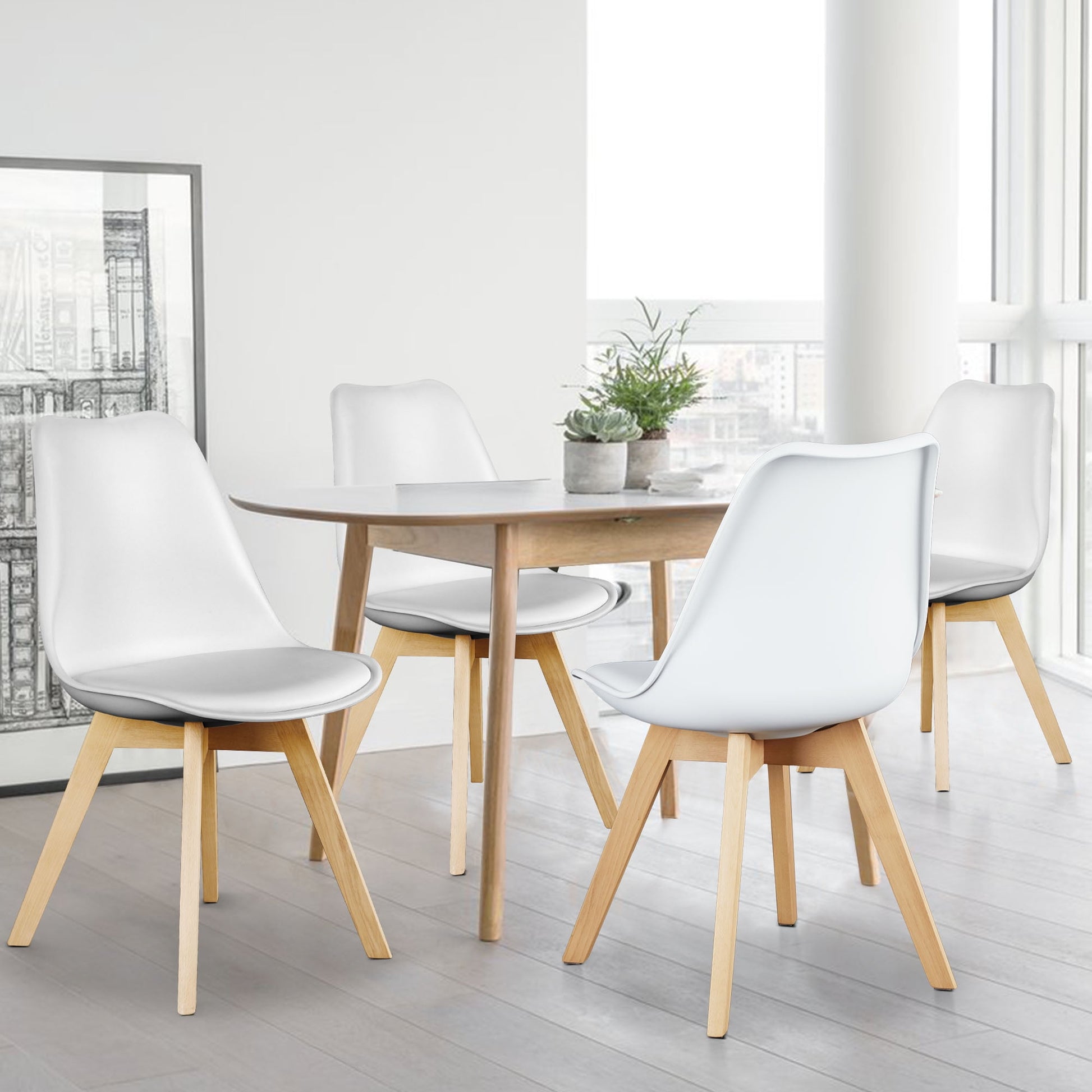 GIANNA Set of 4 Dining Chairs, Mid-Century Modern Style, PU Leather Padded Seat, Durable Wooden Leg, 22.83"W x 19.09"D x 32.87"H,White