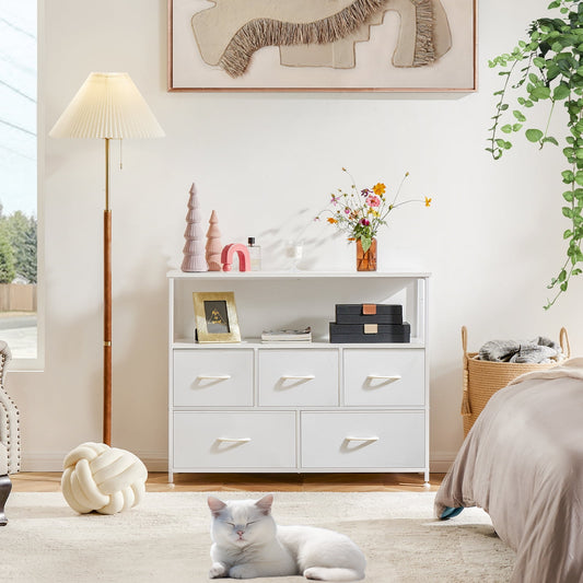 GIANNA TV Cabinet for Bedroom with 5 Fabric Drawers, Adjustable Feet Drawer Cabinet for Bedroom, White