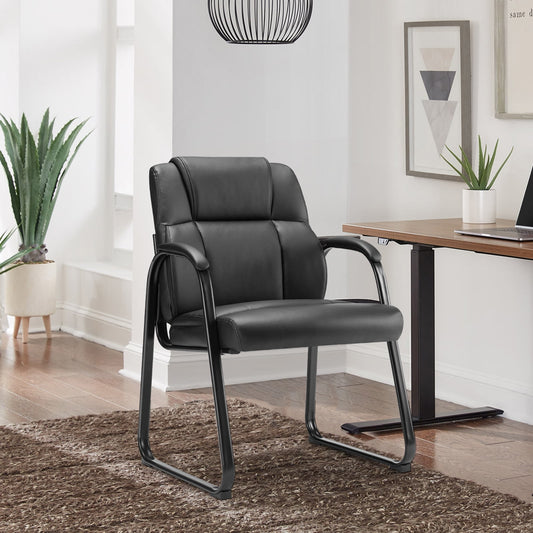 GIANNA Waiting Room Guest Chair with Bonded Leather Padded Arm Rest for Office Reception and Conference Desk Black with Sled Base