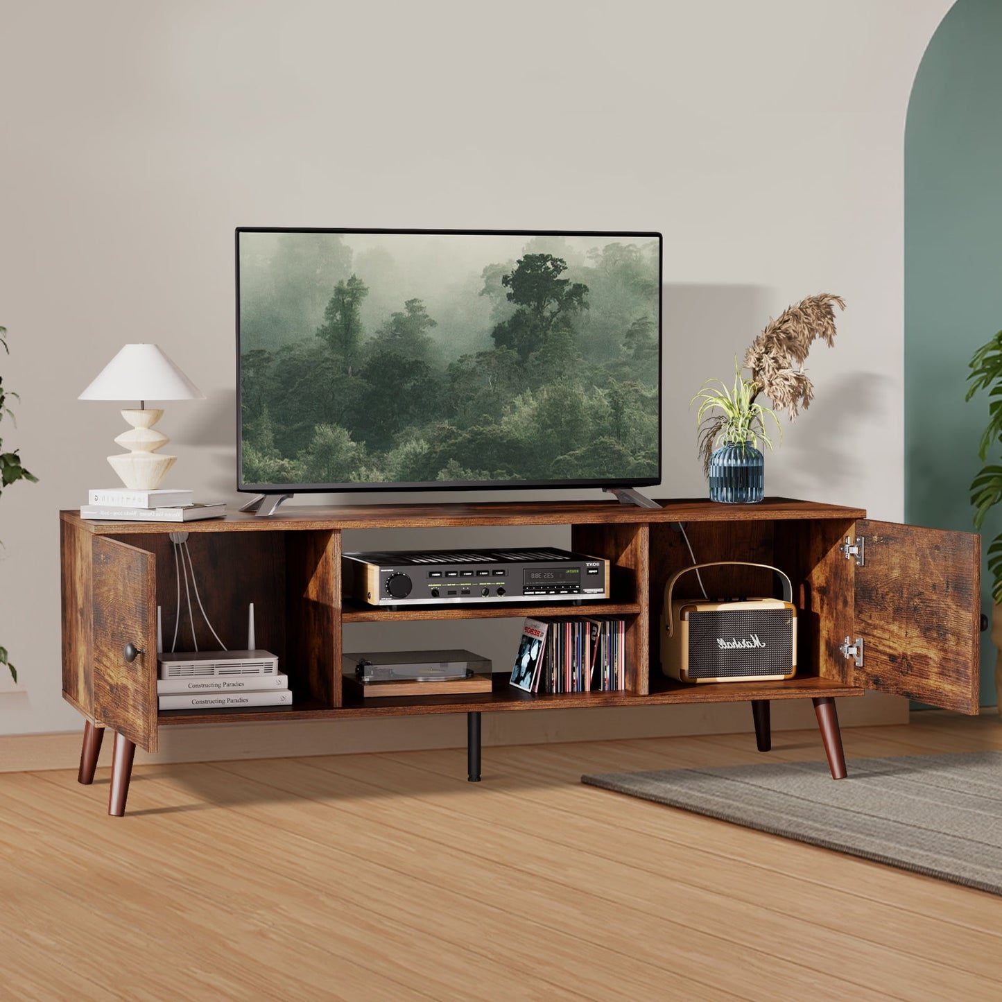 GIANNA TV Stand for TVs up to 60", Modern Mid Century Entertainment Center with Storage, 2 Cabinet Media Console Table, Wood Gray