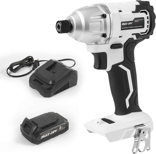 GOODSMANN Brushless Cordless Impact Driver for Screwing and Unscrewing, Max 250N.m Torque Variable Speed (0-2600RPM) 1/4? Anvil Size with LED Light 20V 2000mAh Lithium-Ion Battery Charger 9904-B203-01
