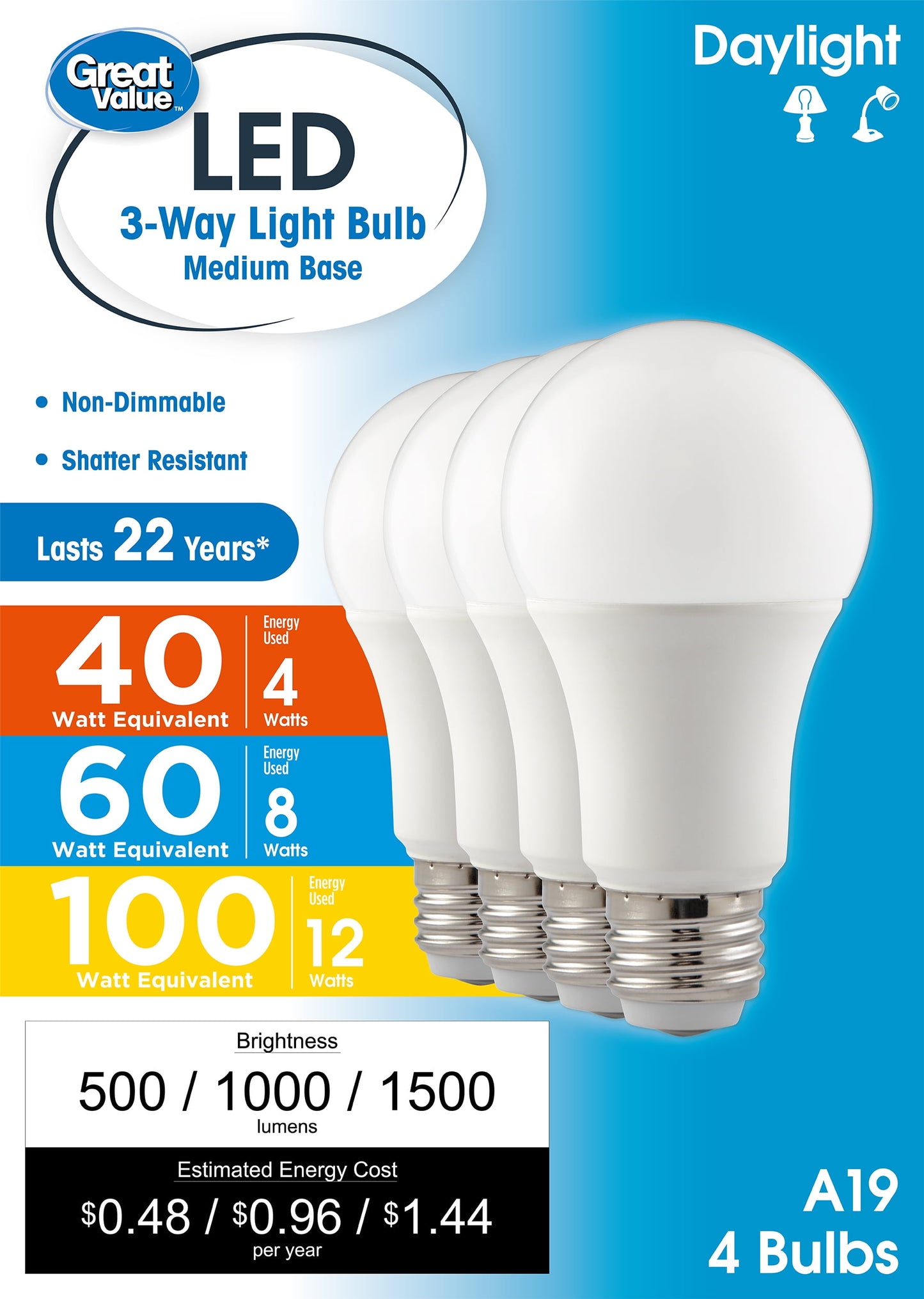 Great Value Bombilla LED A19 de 3 VÃ­as, 40/60/100 Watts Seleccionable, Luz de DÃ­a Base E26 Mediana (Paquete de 4)