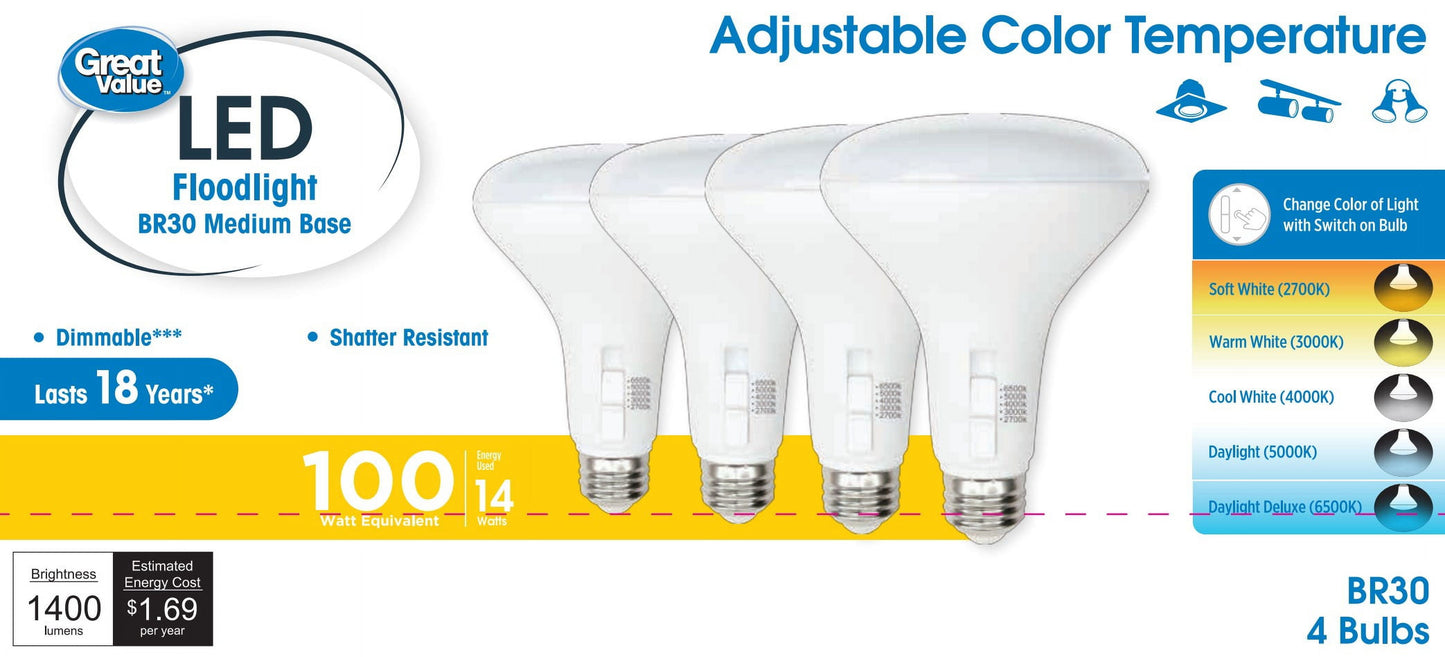 Great Value 5 CCT LED Floodlight Bulb, 14W(100W Equivalent) BR30 with E26 Medium Base Dimmable 4PK
