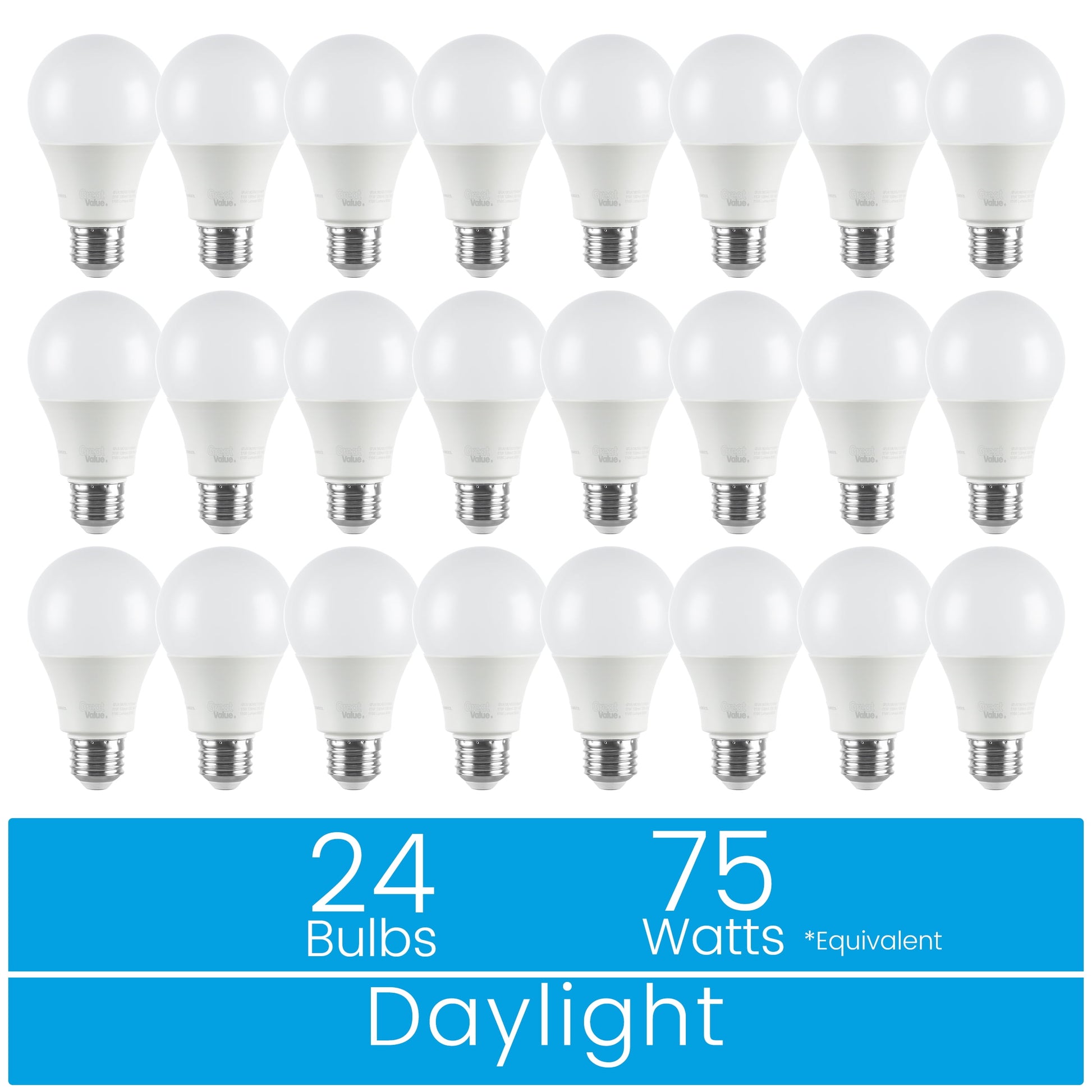Great Value 18YR A19 LED Light Bulb, 11W (75W Equivalent) Dimmable Daylight E26 Medium Base, 24 Pack