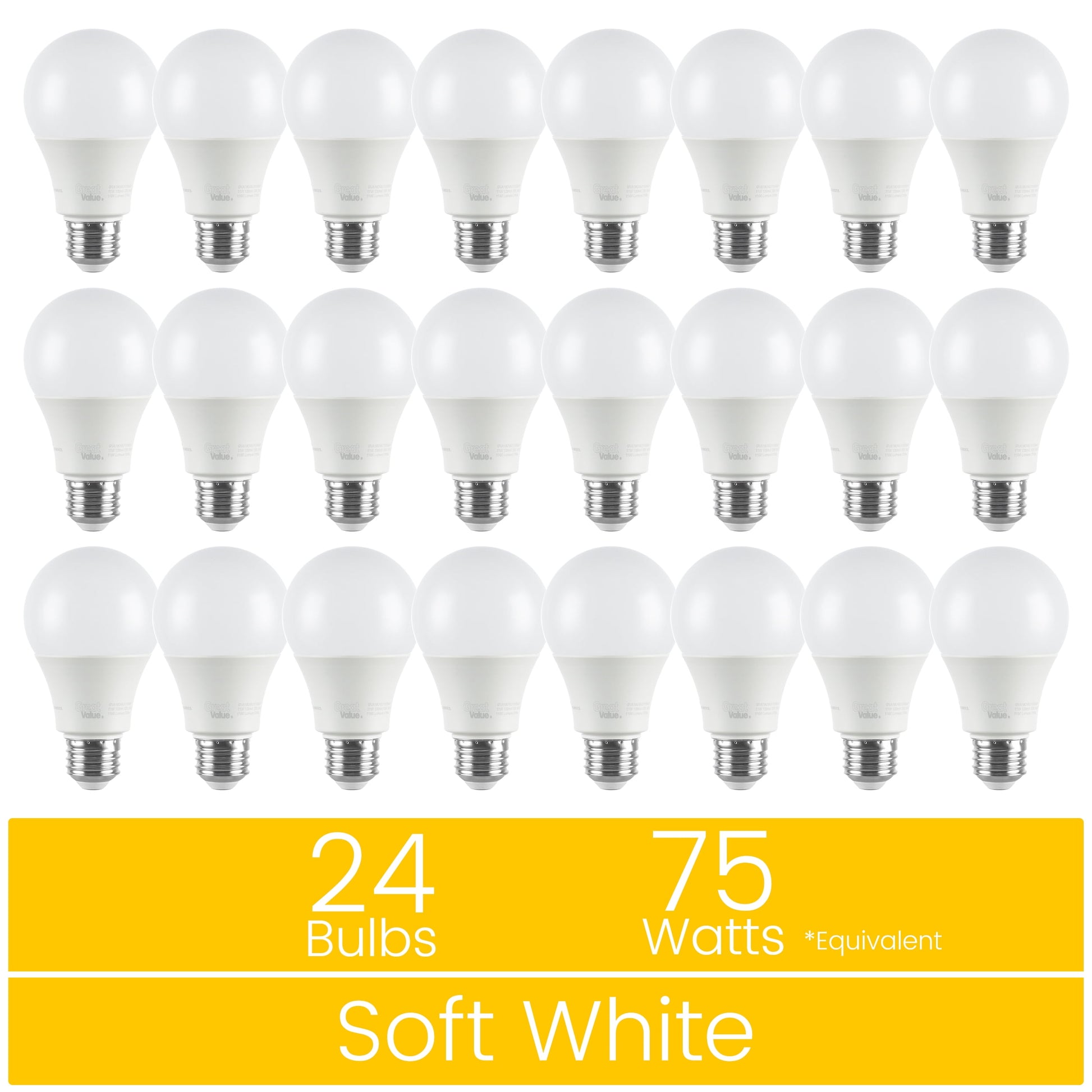 Great Value 18YR A19 LED Light Bulb, 11W (75W Equivalent) Dimmable Soft White E26 Medium Base, 24 Pack