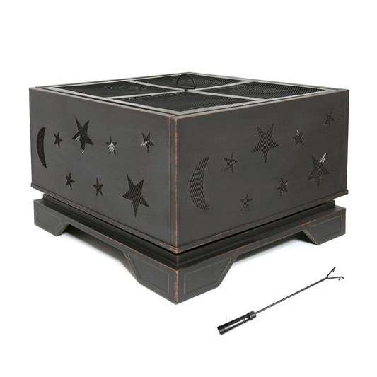 GVN Outside Fire Pits, Smokeless Fire Pit,26 Inch Square Fire Pit With Bbq Grill, Outdoor Wood Burning Firepit With Poker, Large Burning Space Fireplace