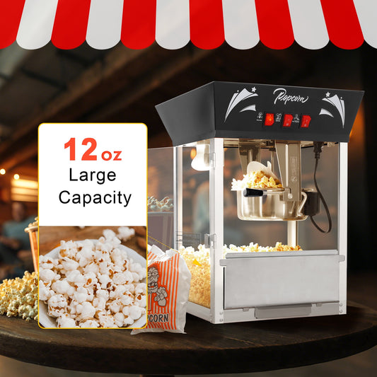 Ganeed Popcorn Machine - 12oz Popper with Stainless-Steel Kettle, Reject Kernel Tray, Warming Light, and Accessories (Black)