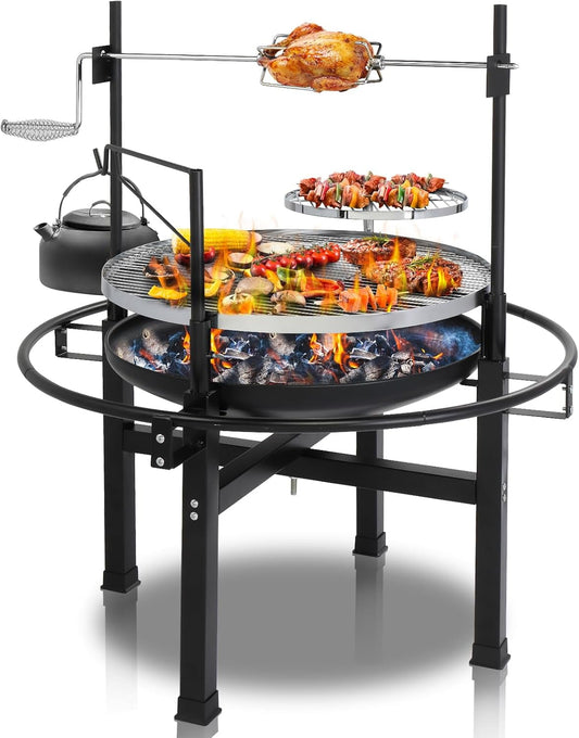 GaoJ 33 Inch 2 in 1 Fire Pit with Grills, Wood Burning Fire Pits with Adjustable Swivel Cooking Grate for Outside BBQ Patio Picnic Party