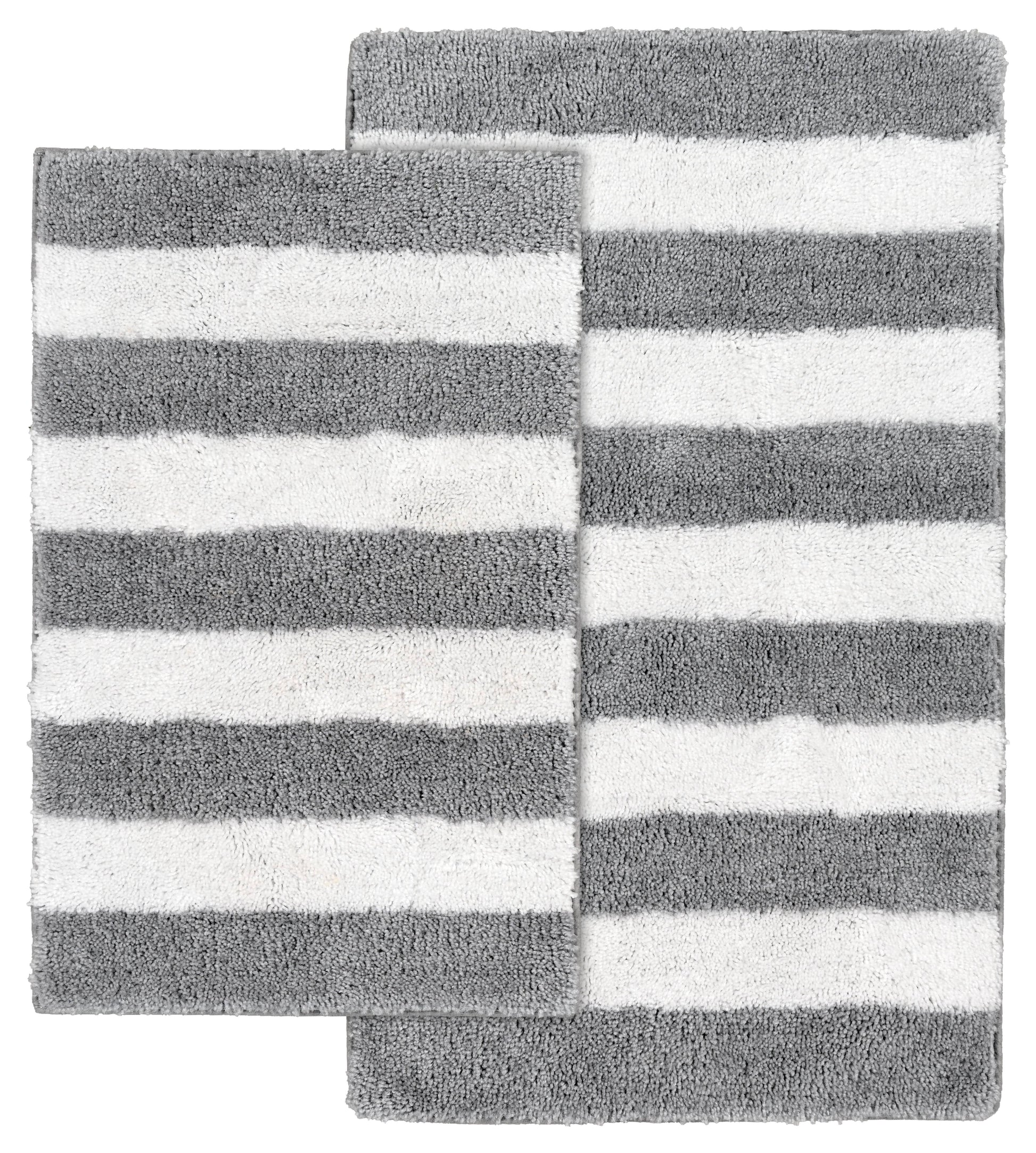 Garland Rug Beach Stripe Washable Bath Rug Set, 2 Piece Set (17"x24" Bath Rug, & 21"x34" Bath Rug) Platinum Gray/White