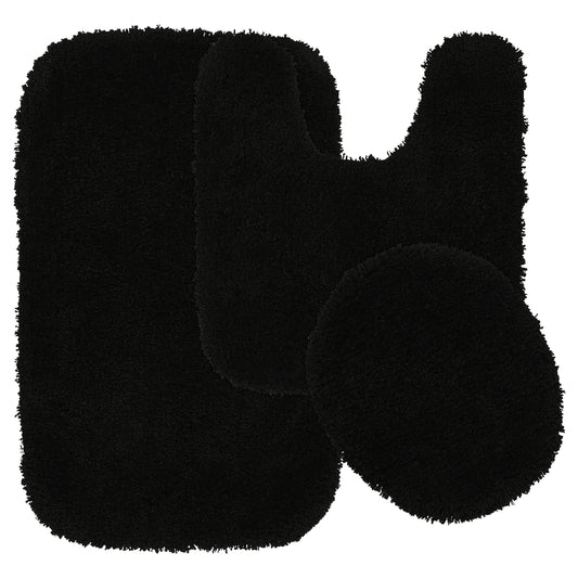 Garland Rug Serendipity Washable Nylon Bath Rug Set, 3 Piece Set (21"x34" Bath Rug, Contour Rug, & Toilet Lid) Black