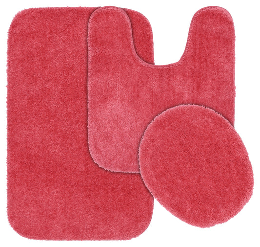 Garland Rug Traditional Washable Bath Rug Set, 3 Piece Set (21"x34" Bath Rug, Contour Rug, & Toilet Lid) Pink Hibiscus