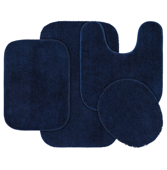Garland Rug Traditional Washable Bath Rug Set, 4 Piece Set (2 Bath Rugs, Contour, & Lid) Navy