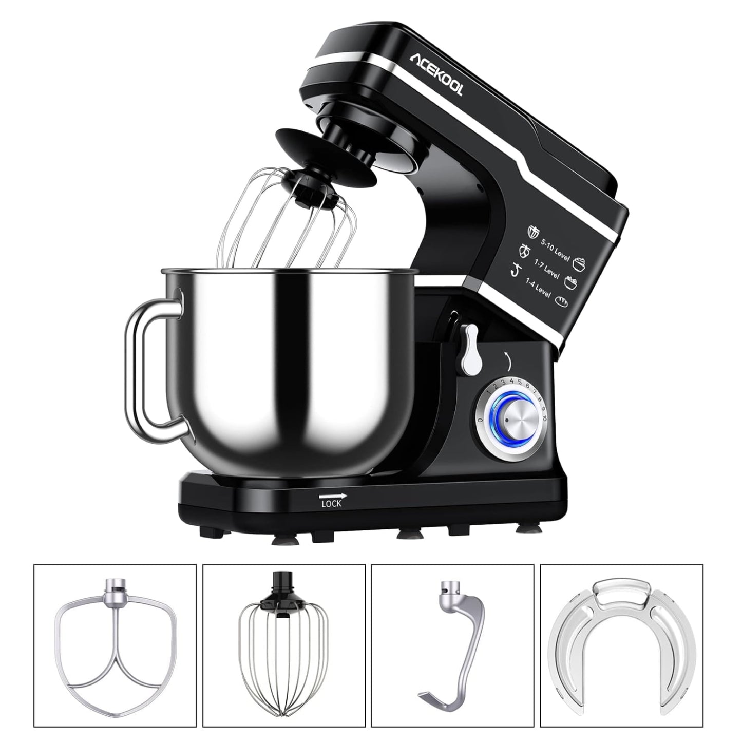 Garvee 7.5 Qt Stand Mixer, 660W Tilt-Head Electric Food Mixer, 10 Speed Portable Lightweight Kitchen Mixer with Dough Hook, Stainless Steel Bowl, Beater (Black)
