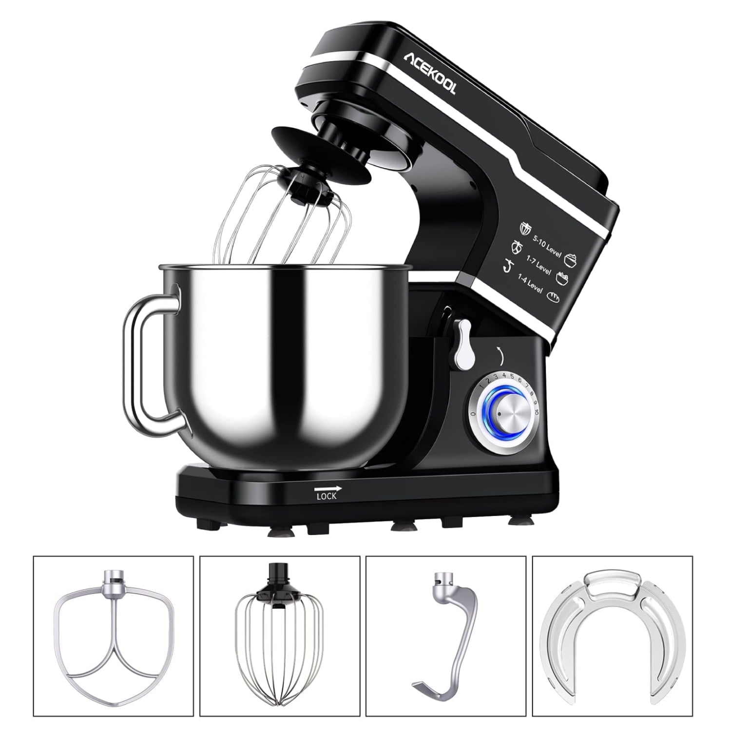 Garvee 7.5 Qt Stand Mixer, 660W Tilt-Head Electric Food Mixer, 10 Speed Portable Lightweight Kitchen Mixer with Dough Hook, Stainless Steel Bowl, Beater (Black)
