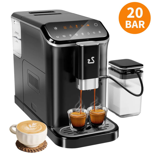 Garvee Professional Automatic Espresso Machine, 20 Bar Coffee Machine with Automatic Milk Frother, 1-15 Adjustable Grind for Home, Black