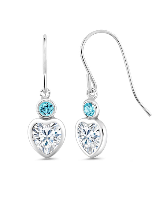 Gem Stone King 925 Sterling Silver White Moissanite and Swiss Blue Topaz French Wire Dangle Hook Earrings for Women (1.90 Cttw, Gemstone Birthstone, Heart Shape 6MM)