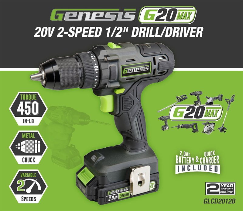 Genesis 20-Volt Cordless Li-Ion 2-Speed 1/2-In. Drill Driver, GLCD2012B, GLCD2012B&nbsp;