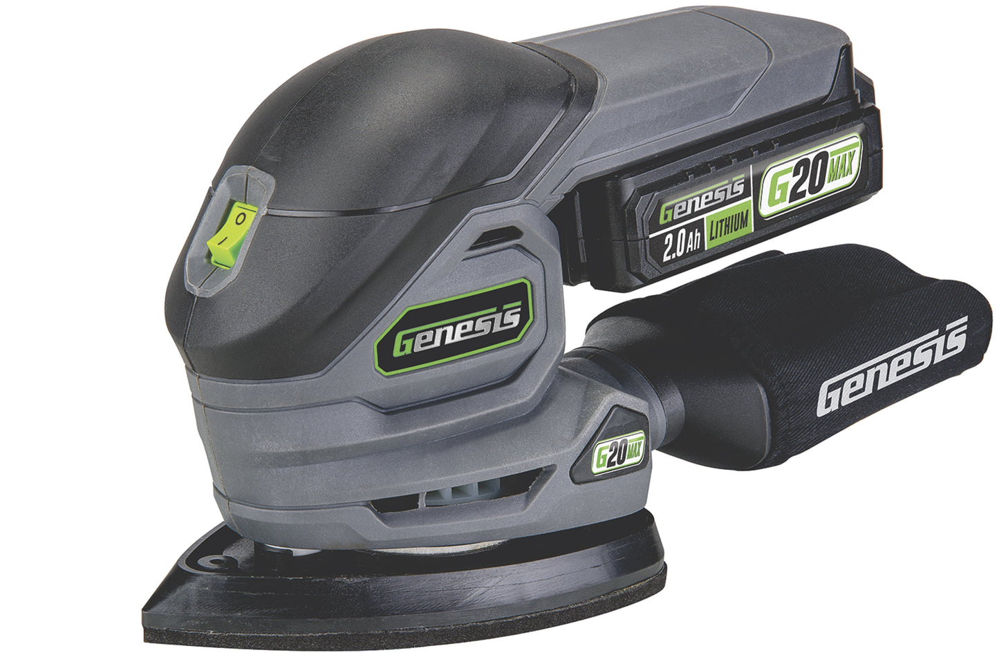 Genesis G20MAX 20V Cordless Detail Sander with Dust Bag, Sandpaper Assortment, Battery, and Charger