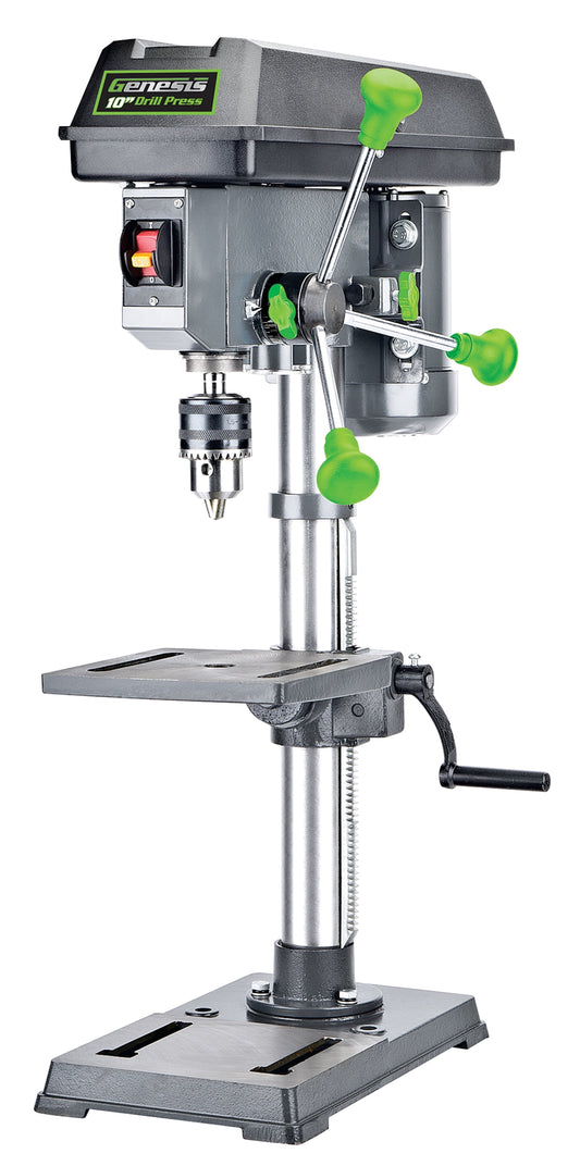 Genesis GDP1005A 10 in 5 Speed 4.1 Amp Benchtop Drill Press, Integrated LED Work Light, and 360° Table with 0-45° Tilt