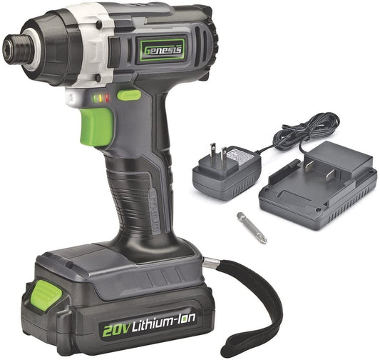 Genesis GLID20A 20V Lithium-ion Battery-Powered Cordless Quick-Change Impact Driver with LED Work Light, Electric Brake, Battery Power Indicator, Charger, Battery, and Impact Driver Bit,...